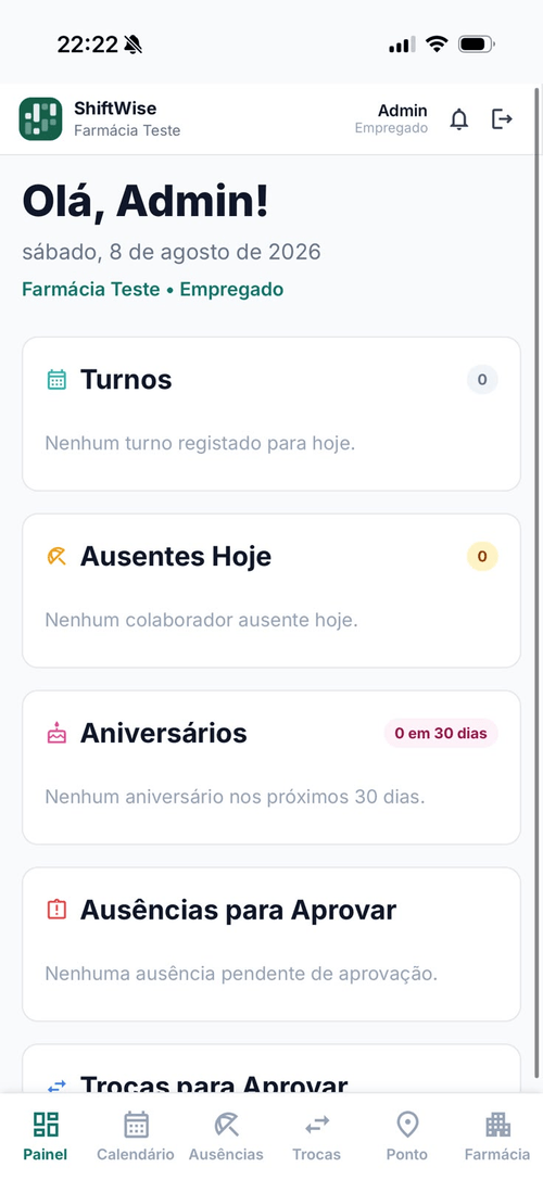 Ecrã da aplicação ShiftWise no telemóvel, com os turnos e as ausências do dia.